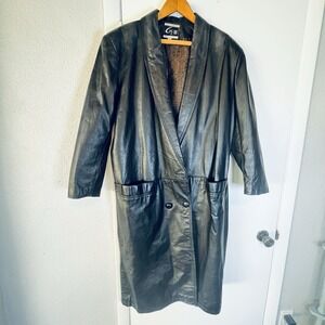 Leather Trench Coat Men's Size Large Classic Black Pockets